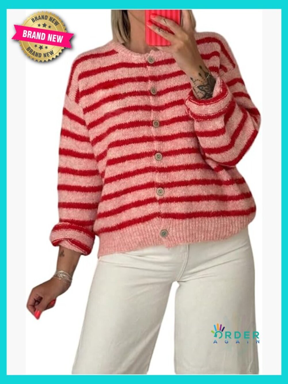 Striped Button Front Cardigan Y2K Oversized Crewneck Long Sleeve Fall Sweater